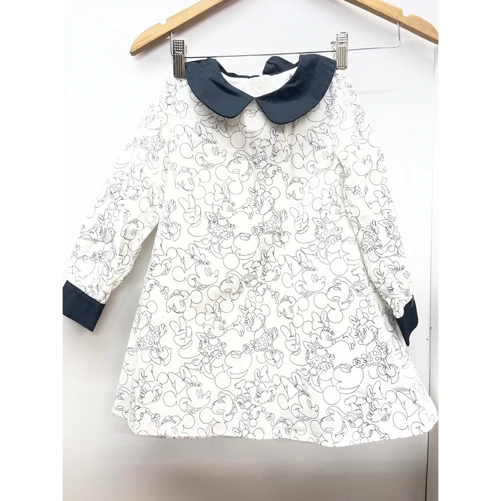 Disney Parks Minnie Mouse Girls Dress White Black Line Art Peter Pan Collar Sz 4